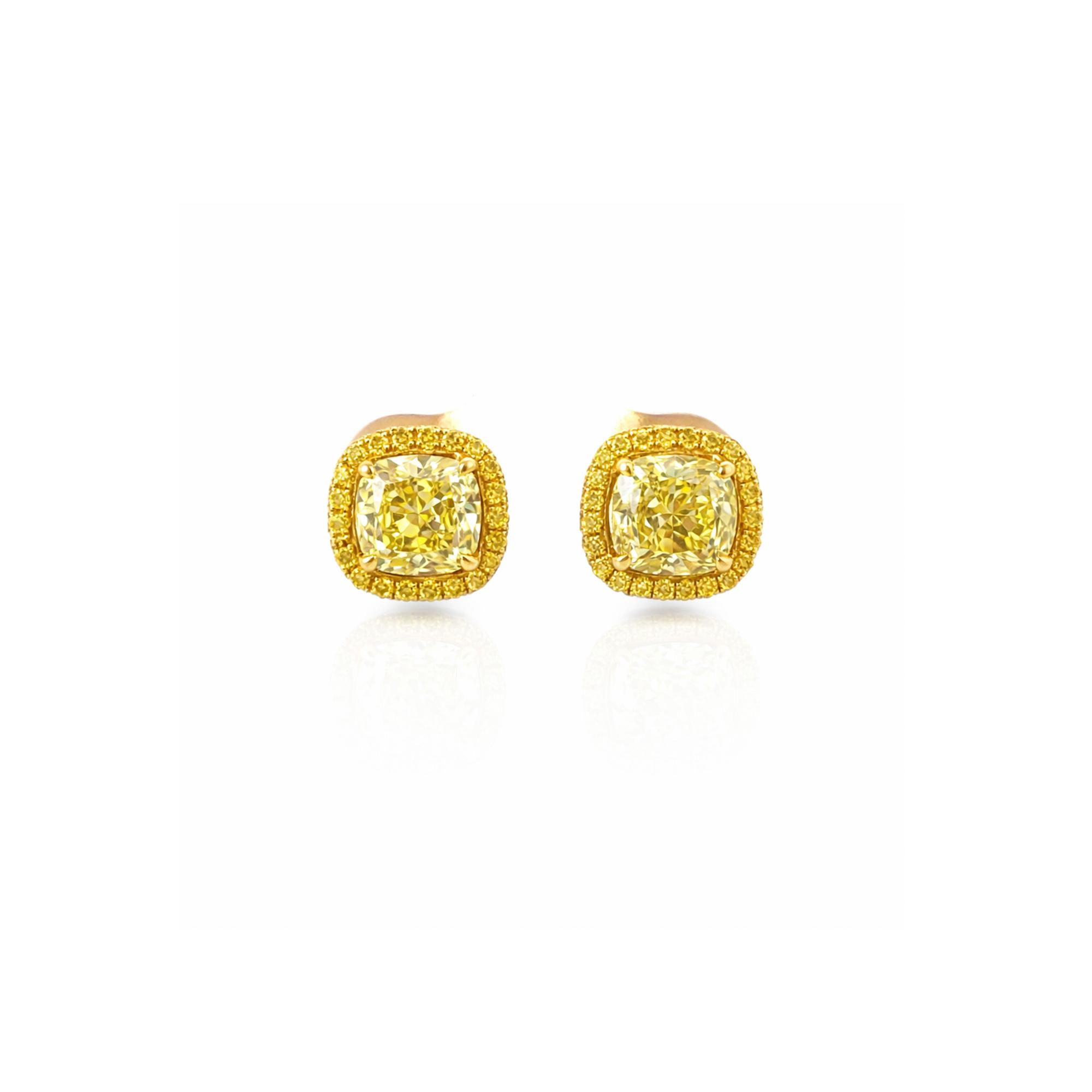 Fancy yellow cushion lab diamond studs